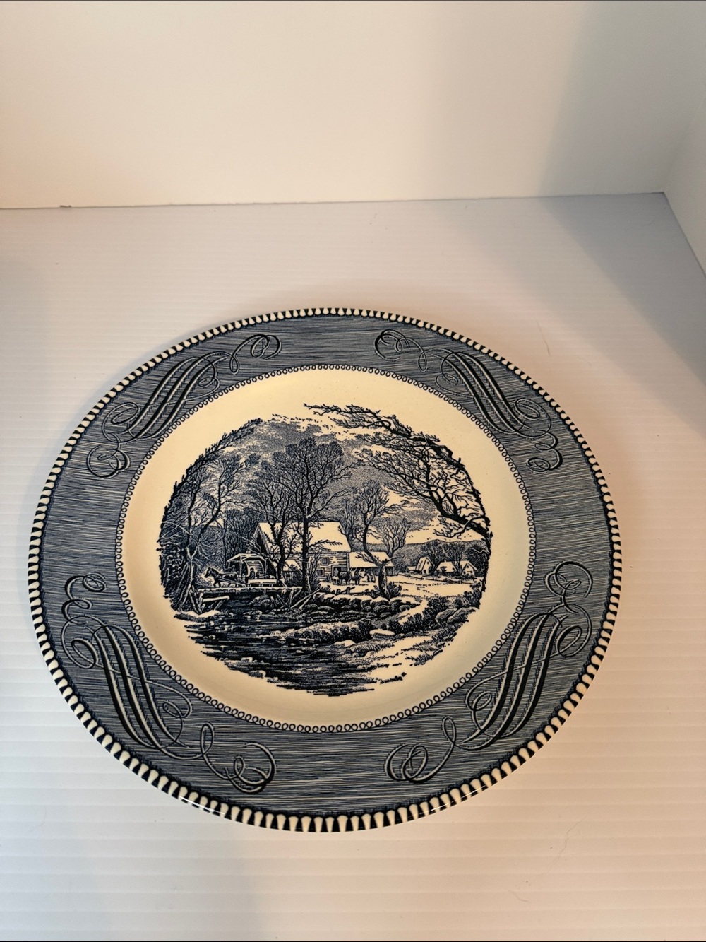 Currier & Ives The Old Grist Mill Blue and White Scenic Ceramic Dinner Plate